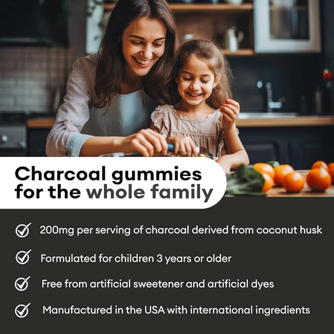 Premium Grade Activated Charcoal Gummies - Coconut Charcoal Supplements for Detox Support, Oral Health, Stomach & Digestion - Safe for Kids - No Bloat Vegan Gummy - Natural Acai Flavor (60 Count)