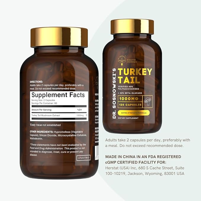 Dr Sosnowski's BioActive Turkey Tail Mushroom Capsules | Potent 1000mg High Strength Turkey Tail Extract (120 Capsules)