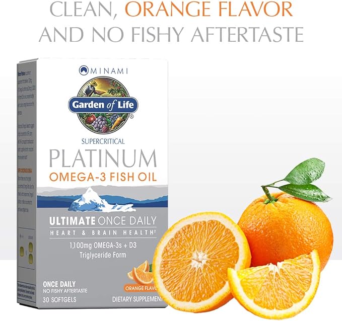 Garden of Life Minami Supercritical Platinum Omega 3 Fish Oil Supplement - Orange, 30 Softgels, Ultimate Once Daily Fish Oil Omega 3 for Heart & Brain Health, 1100mg Omega-3s + 1,000 IU Vitamin D3