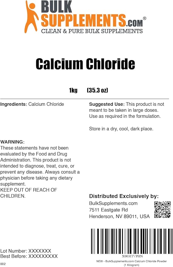 BulkSupplements.com Calcium Chloride Powder - Calcium Chloride Dihydrate, Food Grade Calcium Chloride, Calcium Supplement - Food Additive, Gluten Free, 1kg (2.2 lbs) (Pack of 1)