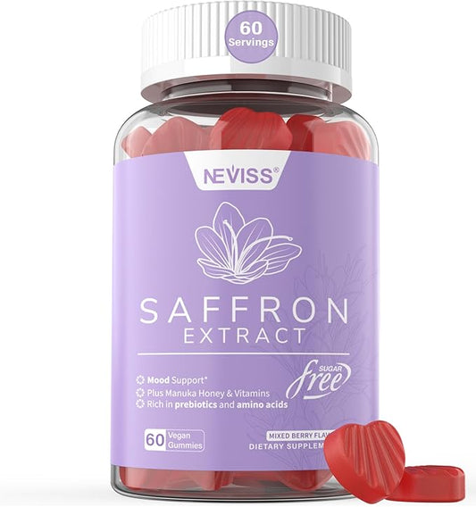 NEVISS Saffron Gummies - Saffron Supplement 100% Pure Saffron Extract Whole Herb Gummies with Honey for Mood & Power, Vitamin B6, B12, D3, C - Sugar Free - Organic, Vegan, Mixed Berry Flavor - 60Cts