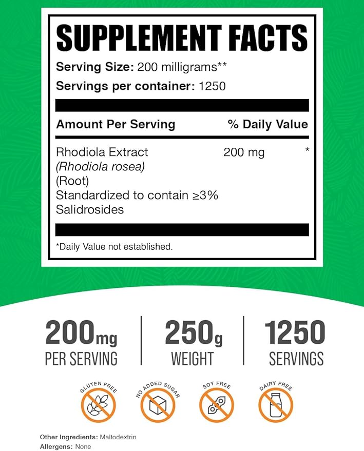 BulkSupplements.com Rhodiola Extract Powder - 3% Salidrosides, Rhodiola Rosea Extract - Herbal Supplement, Gluten Free, 200mg per Serving, 250g (8.8 oz) (Pack of 1)