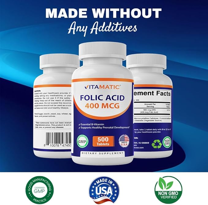 Vitamatic Folic Acid 400 mcg - 500 Vegetarian Tablets - Vitamin B9