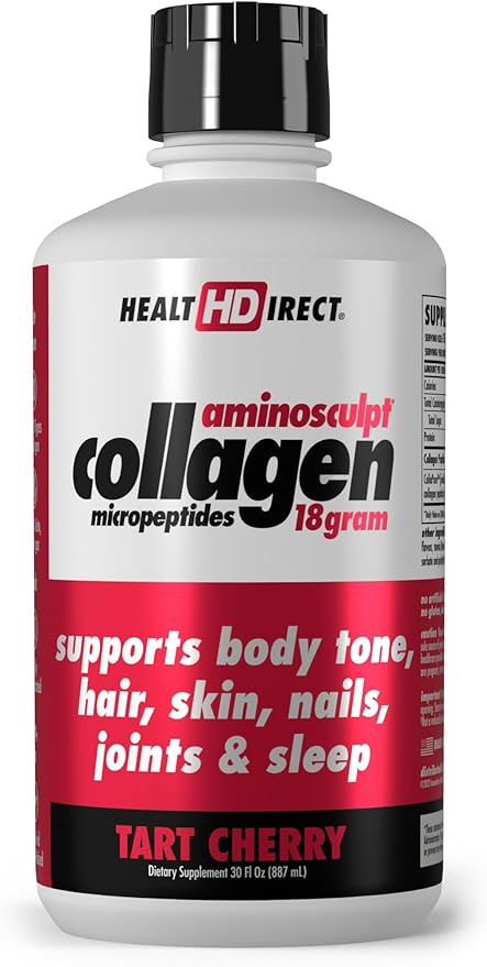 HEALTH DIRECT AminoSculpt Sugar-Free Collagen Supplement - High Potency Medical-Grade Protein for Hair, Skin, Nails & Joints, Grass-Fed, Non-GMO, Liquid Collagen - Tart Cherry - 30 Fl Oz