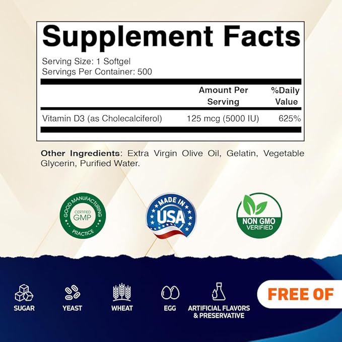 Vitamatic Vitamin D3 5000 IU (125 mcg) – 500 Mini Softgels Olive Oil-Based Formula – Cold-Pressed – 500-Day Supply – Supports Bone, Muscle & Immune Health – Non-GMO & Gluten-Free