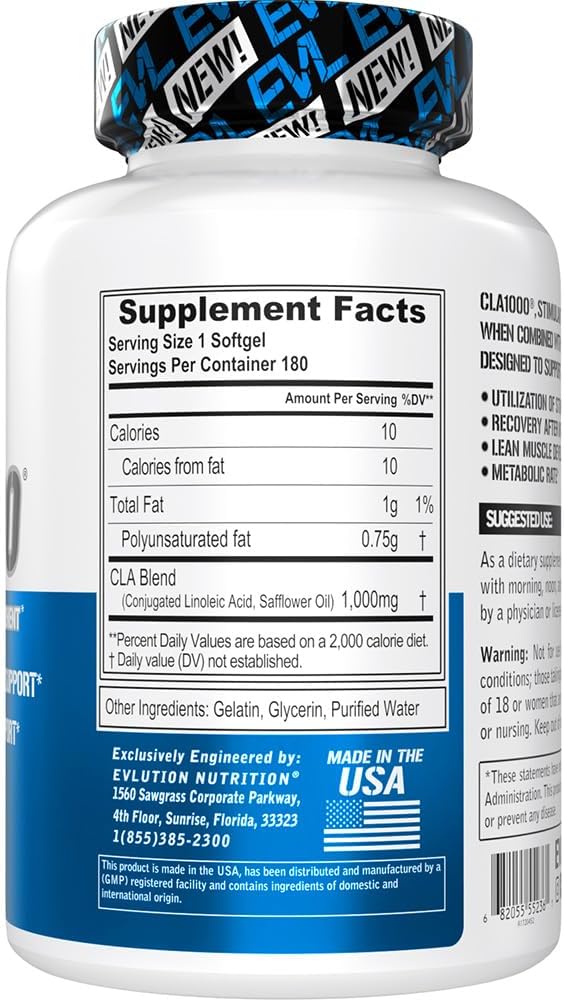 Conjugated Linoleic Acid CLA Pills - CLA 1000mg Diet Pills to Support Weight Loss Fat Burning Lean Muscle and Faster Metabolism - Stimulant-Free CLA 1000mg Safflower Based Fat Loss Support Pills - 180