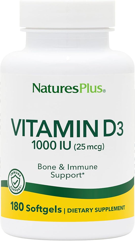 Natures Plus Vitamin D3 (Cholecalciferol) - 1000 iu, 180 Softgels - Nutritional Support for Healthy Bones & Immune System Support - Bioavailable Active Form - Gluten-Free - 180 Servings
