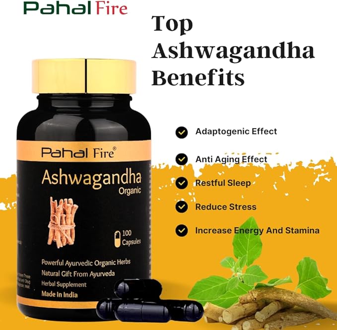 Ashwagandha Organic Herbal Supplement 500mg pr Serving 100 Capsule 50 Days Supply Stress Relief Energy Support Wild harvested in India with Lab Test Report GlutenFree