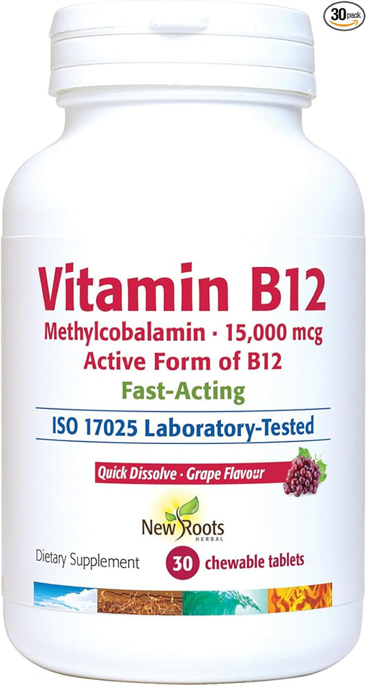NEW ROOTS HERBAL Vitamin B12 Supplement Methylcobalamin (15000 mcg), Chewable Tablets, Fast Absorption, Grape Flavored (30 Pieces)