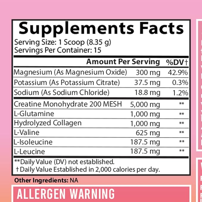 Women's Creatine Monohydrate Powder Glute Builder, 5g Vegan Creatina w. Collagen, Glutamine, BCAAs & Hydration Blend for Recovery, Energy, Pump, Muscle Support, Drink Mix, Unflavored (125g, 1-Pack)