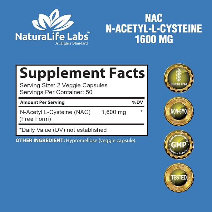 NaturaLife Labs N-Acetyl-L-Cysteine (NAC) 1600 mg Immune Support & Antioxidants*, Free-Radicals, Free Form, Exercise Performance - 100 Veggie Capsules