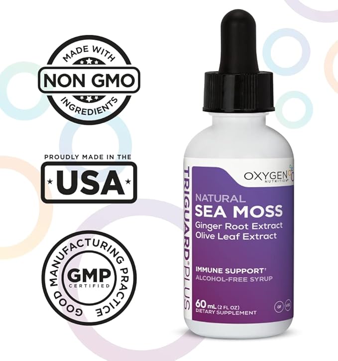 TriGuard Plus Sea Moss - Irish Sea Moss, Olive Leaf & Ginger Root Extract Liquid Tincture 2 fl oz | For Thyroid, Digestion, Immune Support & Energy | Alcohol-Free, Non-GMO, Made in USA