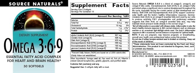 Source Naturals Omega 3-6-9, Essential Fatty Acid Complex for Heart and Brain Health* - 30 Softgels