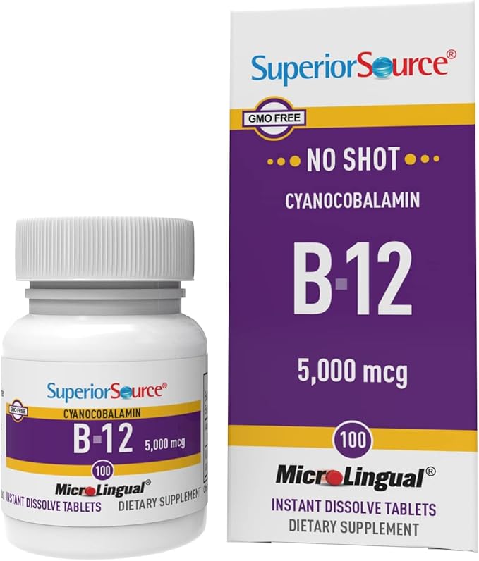 Superior Source No Shot Vitamin B-12 Cyanocobalamin 5000 mcg - Vitamin B-12 to Support Energy Production, Brain Health & Overall Wellness - Sublingual Tablets - 100 Dissolvable Tablets