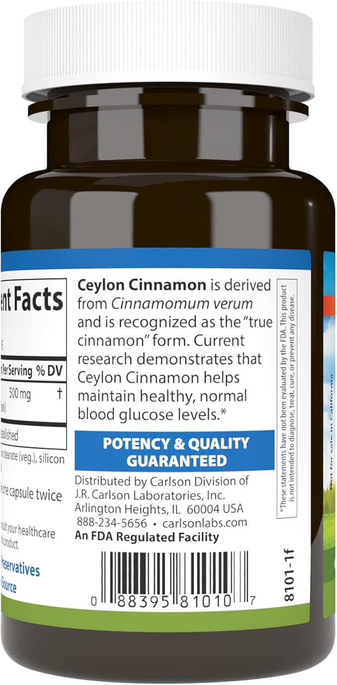 Carlson - Ceylon Cinnamon, Cinnamon Supplements, 500 mg, Cinnamon Extract Pills, Ceylon Cinnamon Capsules, 45 Capsules