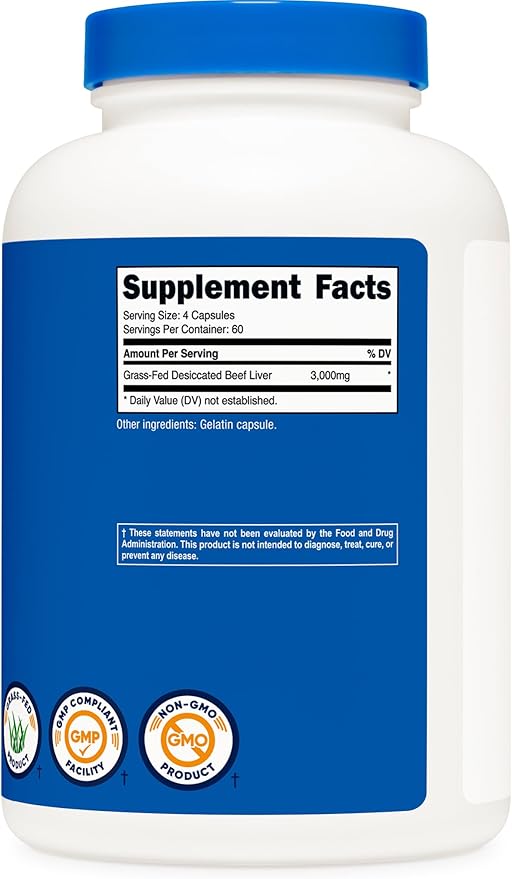 Nutricost Grass Fed Desiccated Beef Liver Capsules 3000mg Per Serv (750mg Per Cap), 240 Cap for 60 Servings - No Hormones, GMO and Gluten Free, Pasture-Raised, Free Range Beef