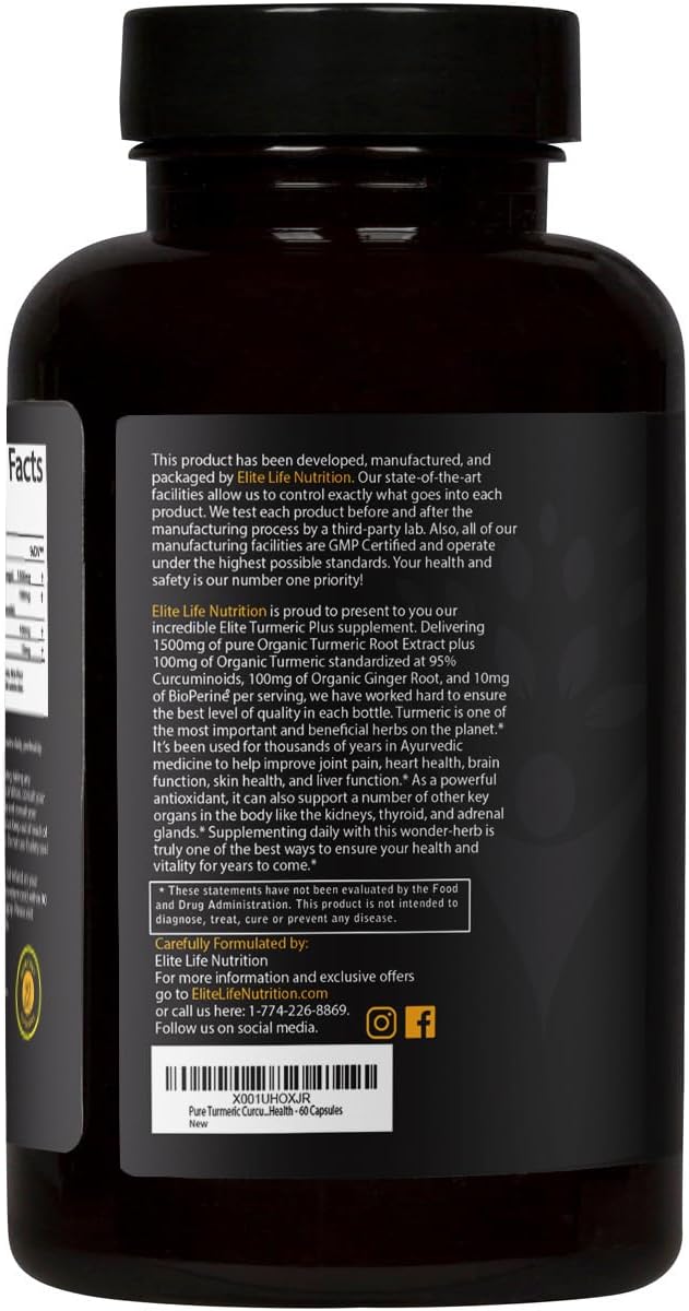 Elite Turmeric Plus - 1700mg Organic Turmeric, Organic Curcumin and Organic Ginger with Bioperine for Maximum Absorption and Strength - 60 Capsules