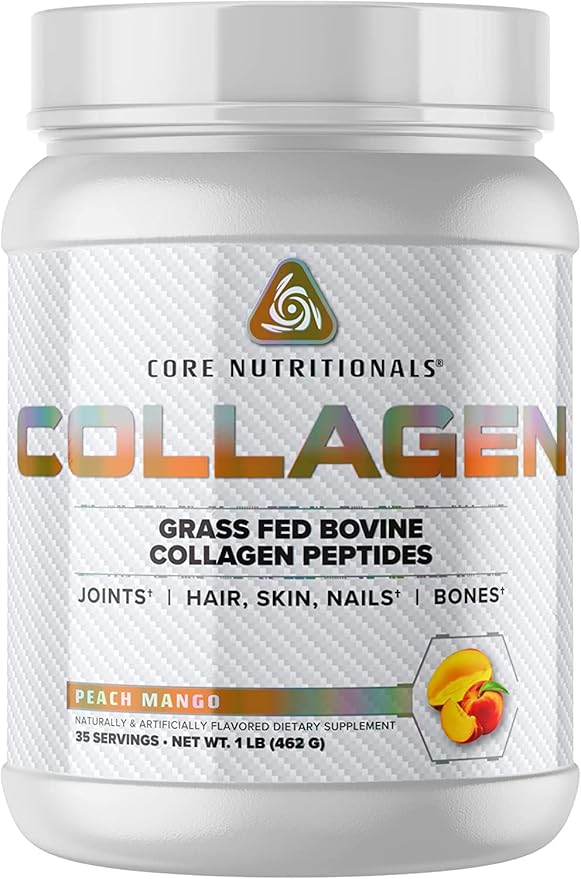 Core Nutritionals Collagen, Grass Fed Bovine Collagen Peptides, Supports Joints, Hair, Skin and Nails, 35 Servings (Peach Mango, 1 lb)
