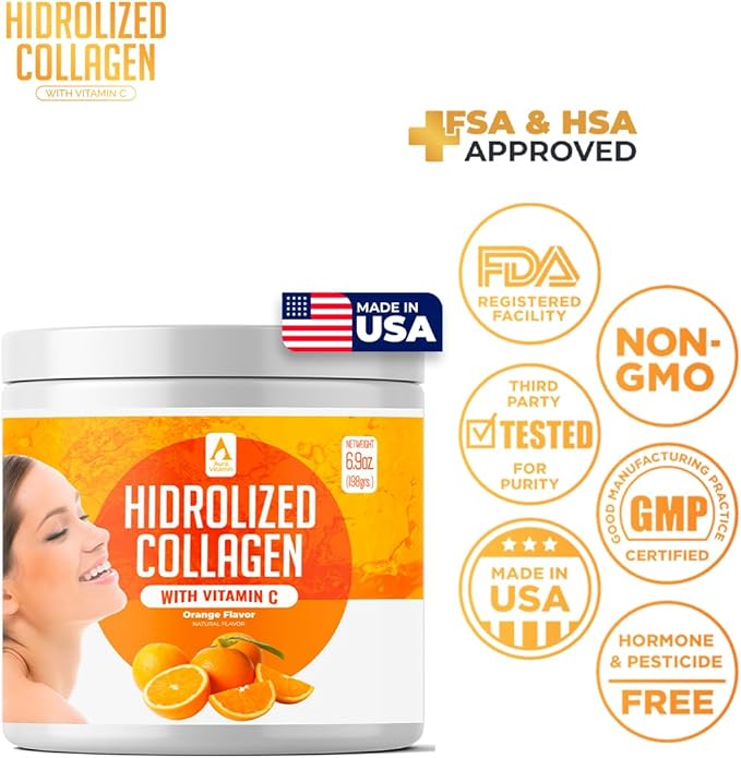 AV Orange Hydrolyzed Grass Fed Collagen with Vitamin C | Powder Supplement | Non-GMO Verified – 198gr