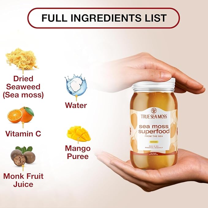 TrueSeaMoss Sea Moss Gel – Made in USA – Wildcrafted Seamoss, Fresh Fruits & Sea Vegetables – Mango, Pack of 3 (Labels may Vary)