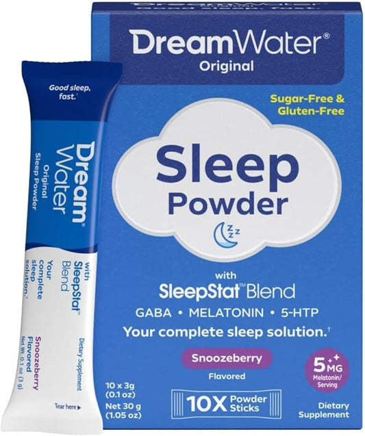 Dream Water Sleep Aid Powder; Melatonin 5mg, GABA, 5-HTP; Natural Flavors; Helps You to Fall Asleep, Fast, and Wake Refreshed; Snoozeberry, 10-Count