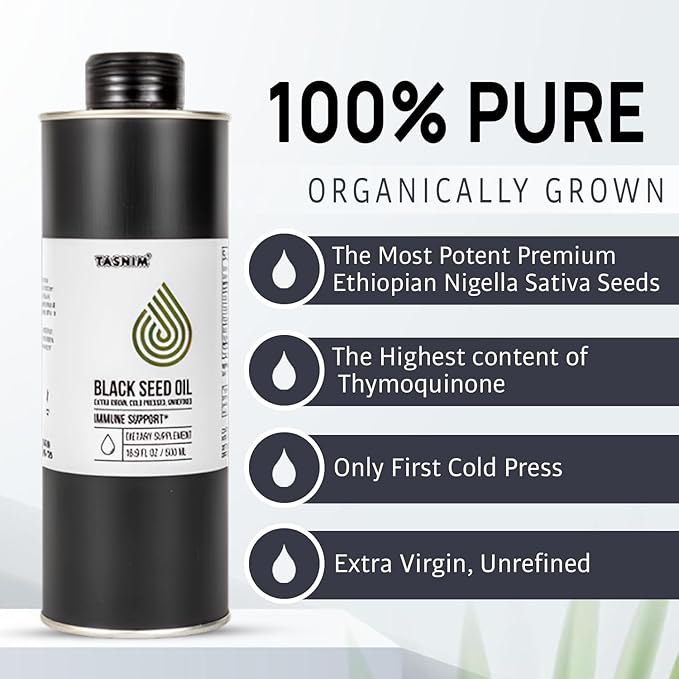 100% Ethiopian BlackSeed Oil 16.9 Fl Oz - Cold Pressed Black Seed Oil for Immune Support, High Potency 5.7% - 21% Thymoquinone Skin, Hair & Overll Health - Unrefined Black Cumin Seed Oil - Gluten Free