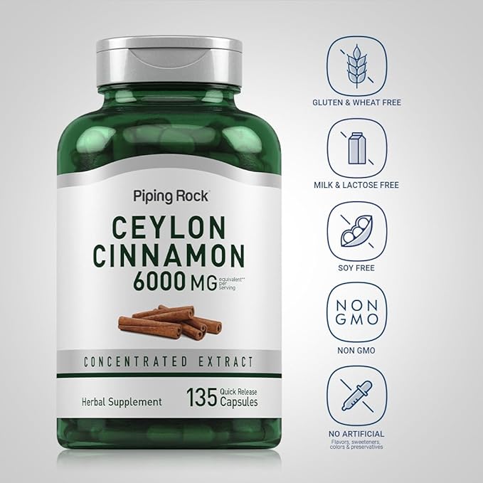 Piping Rock Ceylon Cinnamon Capsules 6000mg | 135 Count | Concentrated Herbal Extract Supplement | for Men and Women | Non-GMO, Gluten Free