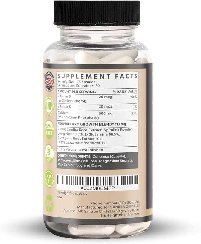 TruHeight Growth Capsules - Natural Growth & Development Supplement for Kids & Teens - Endorsed by Pediatricians - Vitamin D, K, Calcium & Ashwaganda - Bone Strength Capsules - Kids Vitamins - Ages 5+