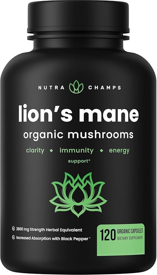 NutraChamps Organic Lions Mane Mushroom Supplement (2 Month Supply - 120 Count) Mental Clarity, Memory & Focus Supplement, Supports Immune System & Brain Health