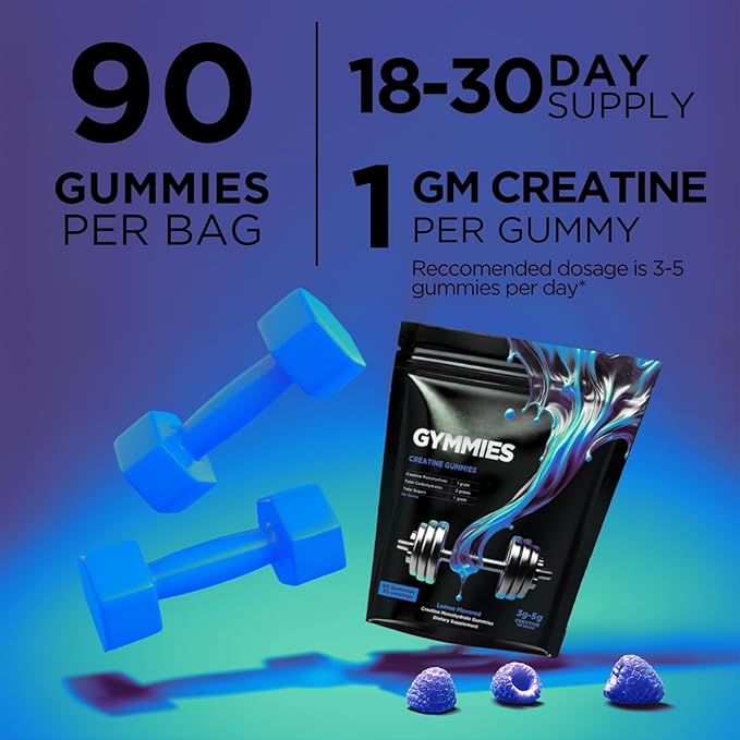 Creatine Monohydrate Gummies - Muscle Growth, Performance, Endurance - 5 Gram Creatine per Serving - Vegan, Non-GMO, Gluten-Free, Made in USA - 90ct (90 Count, Sour Blue Raspberry)