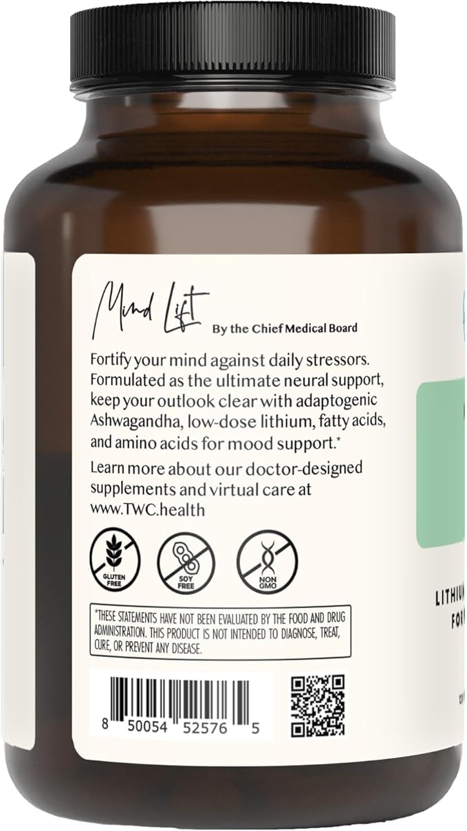 Mind Lift | 120 Capsules (2 Month Supply) | Supports Healthy Mood with Lithium, Ashwagandha, DHA, and GABA | Non-GMO, Gluten-Free | Stress Management and Cognitive Support