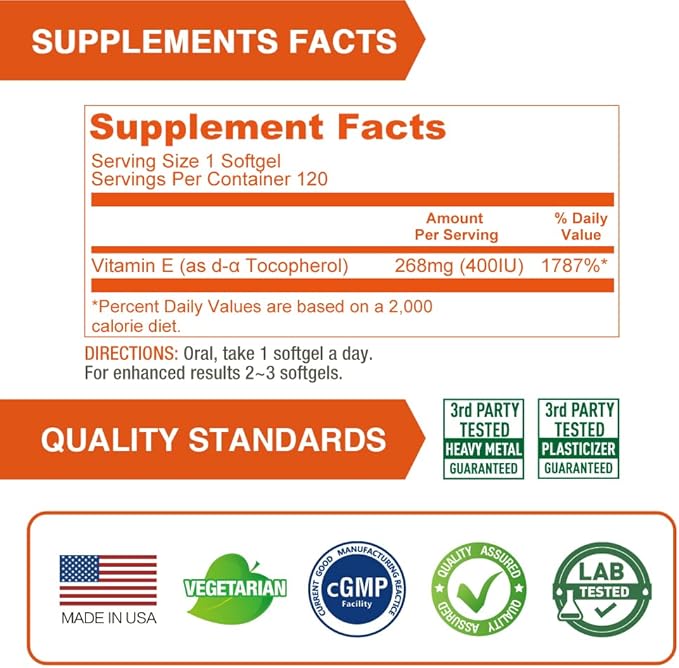 Lovita Vitamin E 400 IU Softgels, Natural 268 mg (as D Alpha Tocopherol), Vegan Vitamin E for Healthy Skin, Hair, Nails & Immune System Support, 120 Vegetarian Softgels (Pack of 3)