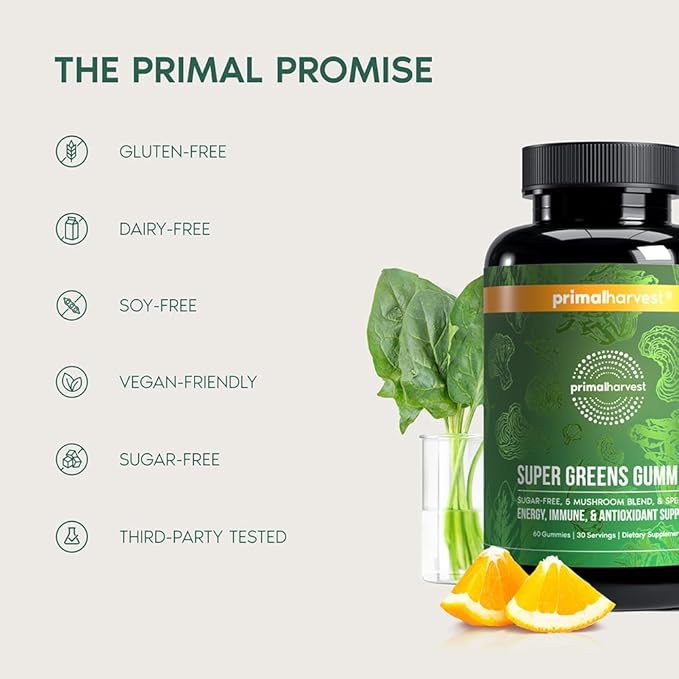 Primal Harvest Super Greens Gummies, Superfood Blend with Adaptogenic Mushrooms Vitamins & Nutrient-Rich Minerals & Antioxidants for Energy & Immune Support (1 Pack (60 Count), Berry)