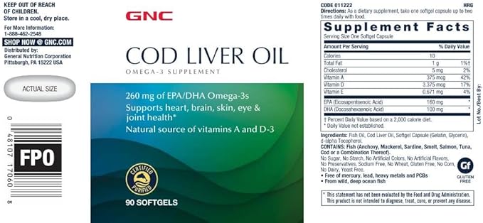 GNC Cod Liver Oil Omega 3 Supplement, 260mg EPA and DHA, Supports Heart, Brain, Skin, Eye and Joint Health, 90 Softgels