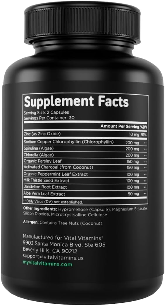 Vital Vitamins Chlorophyll Pills - Body Deodorizing Supplement - Made with Spirulina, Chlorella, Organic Parsley, Mint, & Activated Charcoal - Defeat Odor Naturally - for Women & Men - 60 Capsules