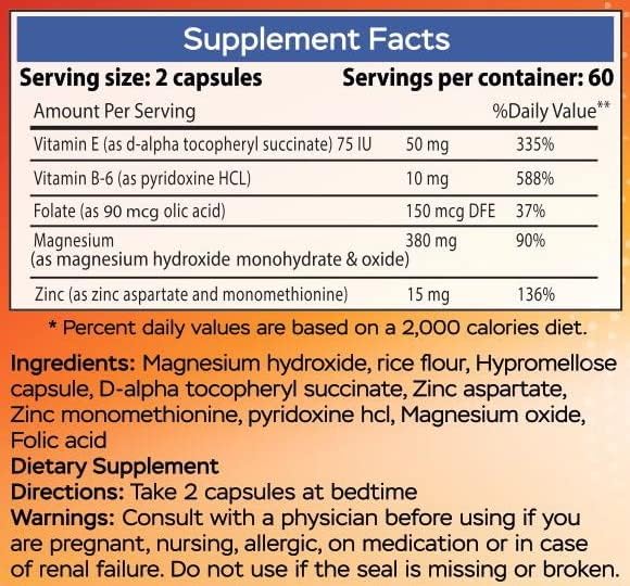 Magnesium Zinc Supplement with Vitamins B6, B9, High Absorption Zinc Magnesium Combination for Immune Support, Muscle Recovery, EZ-MG Easy on Stomach, 120 Capsules