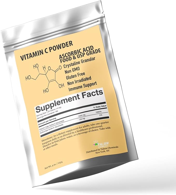 Pure Vitamin C Powder Organic (4 Oz / 113 g) Ascorbic Acid Powder Powerful Antioxidant for Skin DIY Skin Care