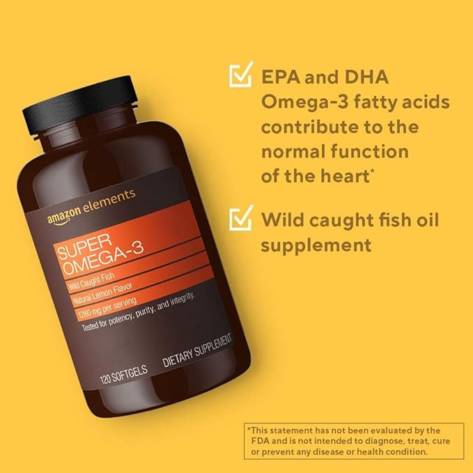 Amazon Elements Super Omega-3, EPA & DHA Omega-3 fatty acids (1280 mg per Serving, 2 Softgels), Natural Lemon Flavor, 120 Count (Packaging may vary)