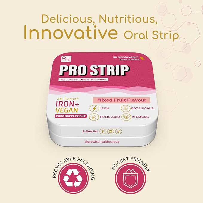 PROSTRIP® Iron+ AB-Fortis® 14mg Added with Vitamin C, B1, B2, B6, Folic Acid, Beetroot, Spinach and Tart Cherry – 30 Oral Vegan Strips – No Water Needed – High Absorption by Prowise Healthcare