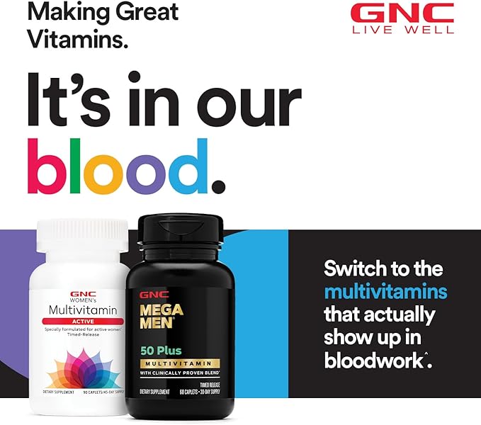 GNC Mega Men 50 Plus Multivitamin Caplets, Clinically Proven, Heart & Prostate Health, B Vitamins, Saw Palmetto, Memory, Vitamin D-3, 120 count