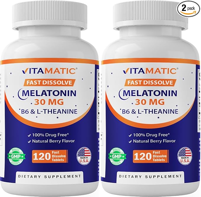 Vitamatic Melatonin 30 mg - with B6 & L-Theanine - 120 Fast Dissolve Tablets with Natural Berry Flavor (2 Tablets Dose = Melatonin 60 mg) (120 Count (Pack of 2))