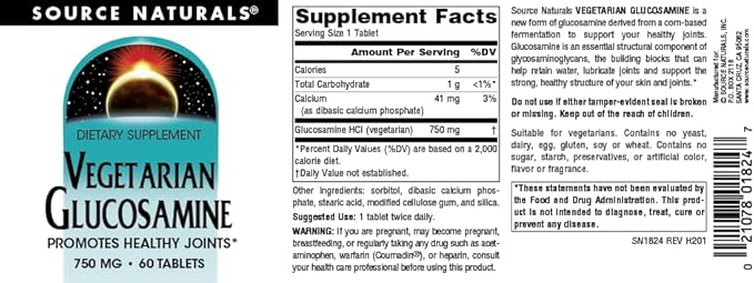 Source Naturals Vegetarian Glucosamine, Promotes Healthy Joints*, 750 mg - 60 Tablets