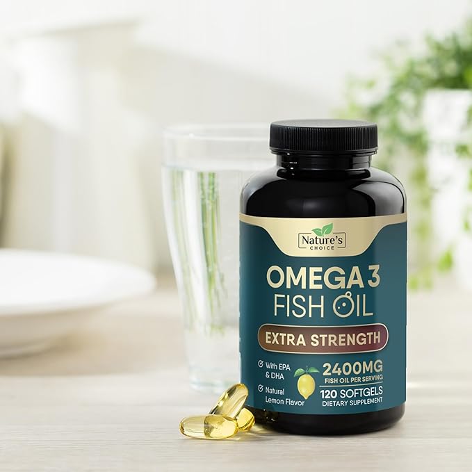 Triple Strength Omega 3 Fish Oil Supplement, EPA & DHA Fish Oil Omega 3 Essential Fatty Acids Supplement Softgels, 2400 mg Brain & Heart Health Support Supplements, Gluten Free, Non-GMO, 120 Softgels