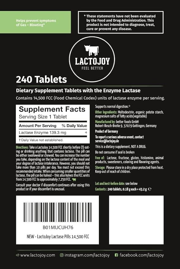 LactoJoy Lactase Pills I 240 Pieces Refill Package I Powerful Lactase Enzymes for Lactose Intolerance I Ultra Pure Lactase for Improved Digestion I 100% Vegan