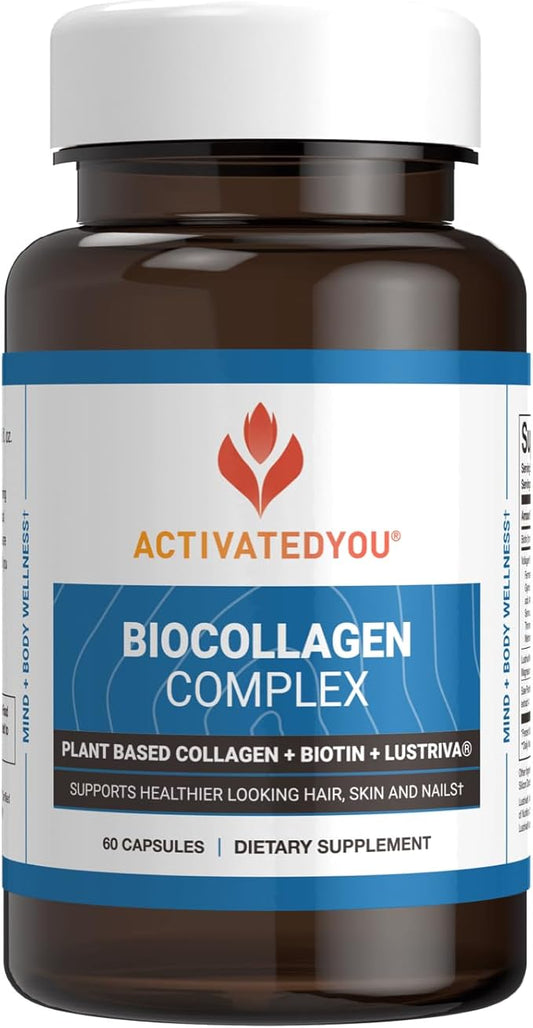 ACTIVATEDYOU Bio Collagen Complex - Plant-Based Collagen with Highly Absorbable Biotin to Support Youthful Skin, Hair Health, Muscle Strength - Vegan Formula with Lustriva & Saw Palmetto (30 servings)