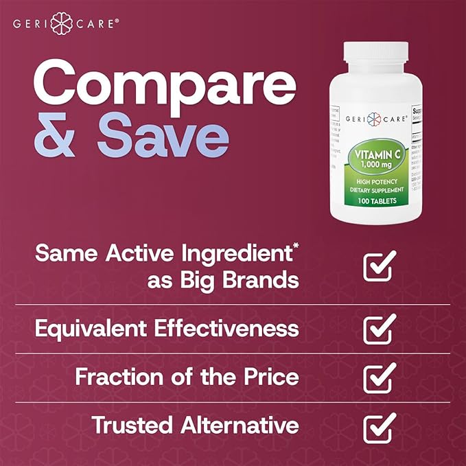 GeriCare Vitamin C 1000 mg – High Potency 100 Tablets – Supports Immune Function, Enhances Skin Care with Collagen Production, Aids in Iron Absorption, and Vascular System Health