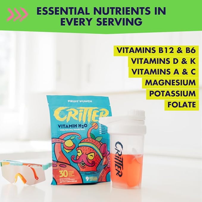 Critter Vitamin H2O – Kids’ Hydration & Multivitamin Drink Mix – Electrolytes, Essential Vitamins, Delicious Natural Flavors – 30 Single-Serve Packets