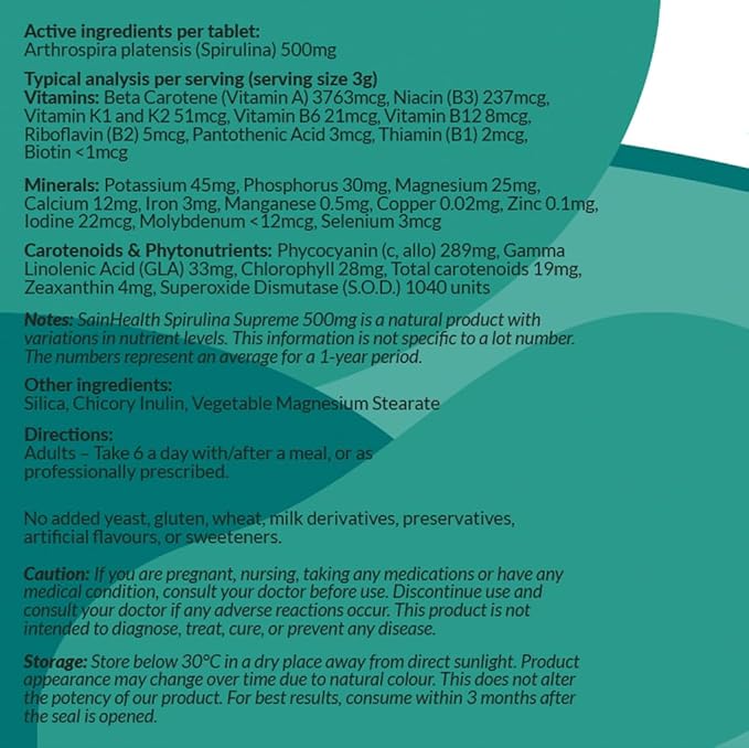 SuperGreen Spirulina Complex - Superfoods (Spirulina grown in Hawaii, Chlorella & Brocolli), Supports Metabolism & Energy Boost and the body's natural detoxification process 500mg, 180 tabs