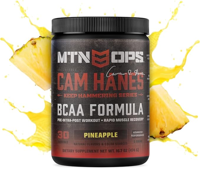 MTN OPS BCAA Powder, 2:1:1 Amino Acids Supplement Powder for Rapid Muscle Recovery & Repair with Zero Sugar & Gluten Free - 30-Serving Tub Pineapple Flavor, Cameron Hanes Keep Hammering Series