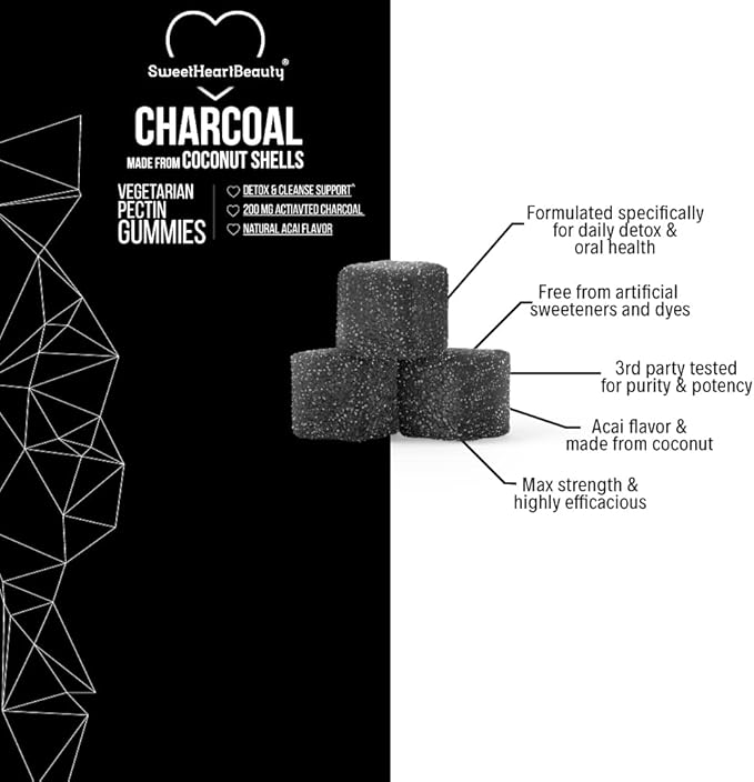 Activated Charcoal Gummies - Natural Coconut Shell Charcoal Gummy Supplements for Detox Support, Stomach Bloat & Oral Health - Gluten Free, Vegan & Pectin Based - Acai Flavor, 60 Count